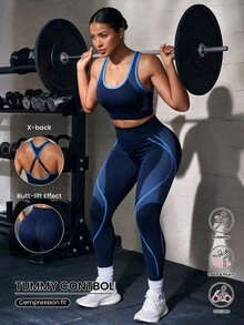 Solea Cove Solea Cove 2pcs Women's High-Intensity Sports Bra & Leggings Set, Yoga Fitness Outfit, Contrast Color Two Pieces Set - Blue - View 10