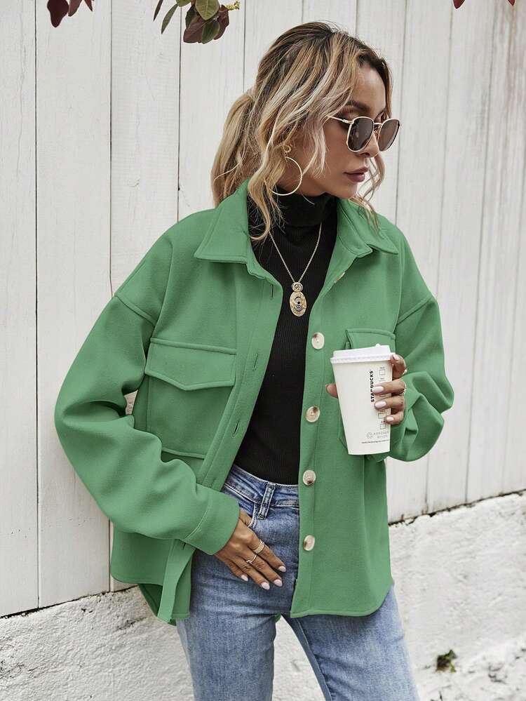 EURMUSE Flap Pocket Drop Shoulder Overcoat - Green - View 7