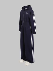 SHEIN Tween Girl Kids Fashion Minimalist Solid Blue Woven Bow Pattern Hooded Zip-Up Printed Letter High Waist Jumpsuit Pants Winter - Royal Blue - View 8