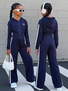SHEIN Tween Girl Kids Fashion Minimalist Solid Blue Woven Bow Pattern Hooded Zip-Up Printed Letter High Waist Jumpsuit Pants Winter - Royal Blue - View 9