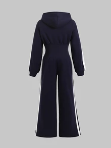SHEIN Tween Girl Kids Fashion Minimalist Solid Blue Woven Bow Pattern Hooded Zip-Up Printed Letter High Waist Jumpsuit Pants Winter - Royal Blue - View 2