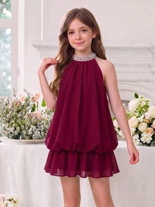 Tween Girl Burgundy Velvet 3D Bow Decor Cinched Waist Ruched Full Skirt Princess Dress Tank Dress Suitable For Party, Gathering, Daily, Halloween, Christmas - Red - View 7