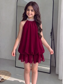 Tween Girl Burgundy Velvet 3D Bow Decor Cinched Waist Ruched Full Skirt Princess Dress Tank Dress Suitable For Party, Gathering, Daily, Halloween, Christmas - Red - View 11