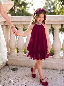 Tween Girl Burgundy Velvet 3D Bow Decor Cinched Waist Ruched Full Skirt Princess Dress Tank Dress Suitable For Party, Gathering, Daily, Halloween, Christmas - Red - View 2