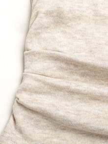 Teen Girl Spring Autumn Winter Casual Elegant Fashion Beige Knitted Fine Ribbed Asymmetrical Shoulder Lace Patchwork Ruched Waist Long Sleeve T-Shirt, Daily Wear, Autumn Winter Layering - Beige - View 6