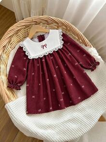 SHEIN Newborn Baby Boy Baby Girl Casual Comfortable Versatile Cute Red Colorblock Bow Pattern Long Sleeve Dress - Burgundy - View 5