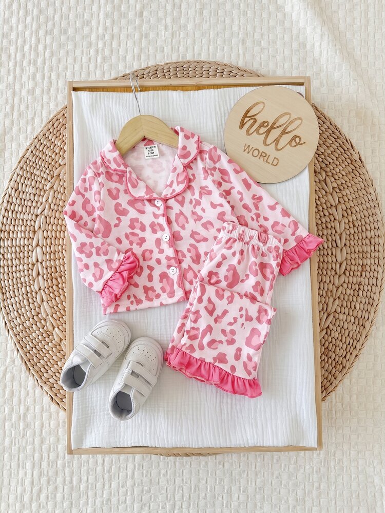 SHEIN New Born Baby Pink Leopard Print Single-Breasted Top And Pants 2-Piece Loungewear Set - Pink - View 7