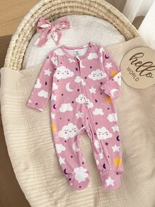 SHEIN Newborn Cute Casual Cartoon Kids Kids Pattern Jumpsuit Loungewear - Pink - View 3