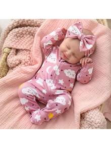 SHEIN Newborn Cute Casual Cartoon Kids Kids Pattern Jumpsuit Loungewear - Pink - View 1