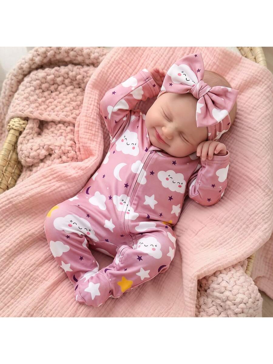 SHEIN Newborn Cute Casual Cartoon Kids Kids Pattern Jumpsuit Loungewear - Pink - View 1