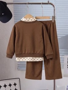 Young Girls Polka Dot Lapel 2-In-1 Sweatshirt And Wide Leg Pants Set, Cute Bow Casual School 2 Pieces Outfits - Brown - View 2