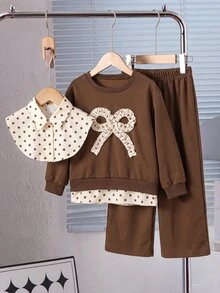 Young Girls Polka Dot Lapel 2-In-1 Sweatshirt And Wide Leg Pants Set, Cute Bow Casual School 2 Pieces Outfits - Brown - View 4