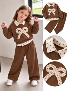 Young Girls Polka Dot Lapel 2-In-1 Sweatshirt And Wide Leg Pants Set, Cute Bow Casual School 2 Pieces Outfits - Brown - View 3