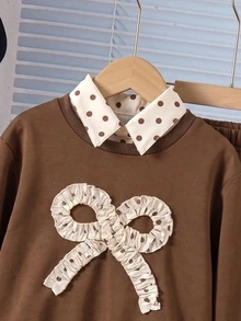 Young Girls Polka Dot Lapel 2-In-1 Sweatshirt And Wide Leg Pants Set, Cute Bow Casual School 2 Pieces Outfits - Brown - View 5