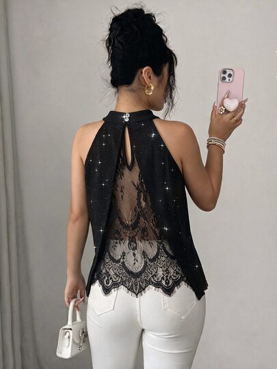 Elenzga Women's All-Season Elegant Back Sheer Lace Design Knit Shiny Sequin Sleeveless Tank Top Blouse, Can Be Worn As Inner Layer Or Outerwear