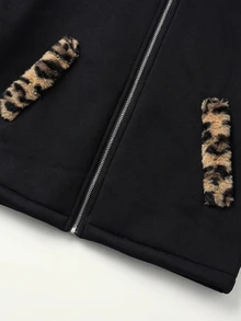 GlowEve Women's Autumn/Winter Patchwork Leopard Print Sleeve Cuff Zipper Front Hooded Jacket - Black - View 6
