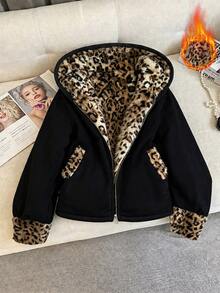 GlowEve Women's Autumn/Winter Patchwork Leopard Print Sleeve Cuff Zipper Front Hooded Jacket - Black - View 1