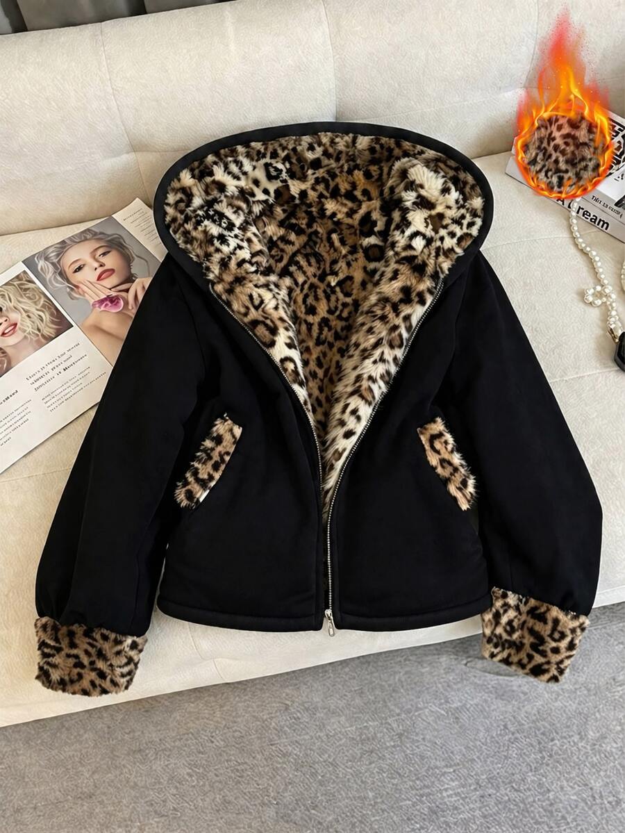 GlowEve Women's Autumn/Winter Patchwork Leopard Print Sleeve Cuff Zipper Front Hooded Jacket - Black - View 1