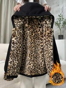 GlowEve Women's Autumn/Winter Patchwork Leopard Print Sleeve Cuff Zipper Front Hooded Jacket - Black - View 3