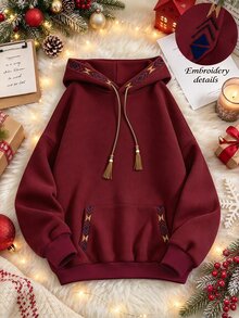Resyla Women's Patchwork Geometric Embroidered Long Sleeve Drawstring Hooded Pocket Sweatshirt - Burgundy - View 2