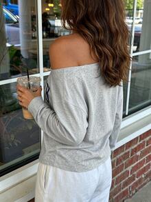 Rovax Women's Letter Print Cold Shoulder Long Sleeve Casual T-Shirt - Light Grey - View 2