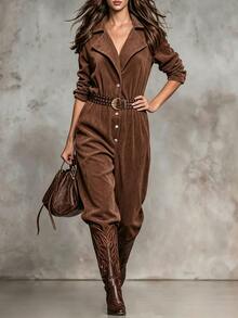 SHEIN Women's Maillard Brown Corduroy Jumpsuit With Blazer Lapel, Button-Down Design, Cinched Waist, Long Sleeve - Brown - View 4