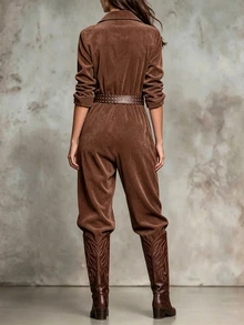 SHEIN Women's Maillard Brown Corduroy Jumpsuit With Blazer Lapel, Button-Down Design, Cinched Waist, Long Sleeve - Brown - View 2