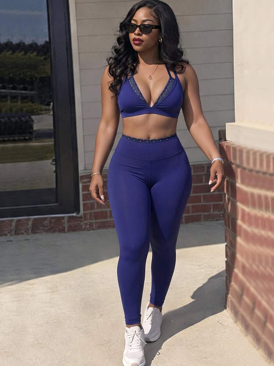 SHEIN Core Rhythm Women's 2 Pieces Camisole Top And Leggings Casual Daily Sports Outfit - Navy Blue - View 1