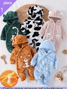 新生兒居家連身衣 嬰兒條紋抓絨連帽外套 可愛考拉刺繡嬰兒連腳連身衣 加厚爬行服 秋冬款 - 彩色 - 查看 3