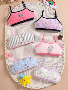 Young Girl 6pcs Cute Cartoon Unicorn Print Cotton Camisole Bralette Wire-Free Comfortable Soft Training Bras Set - Multicolor - View 2