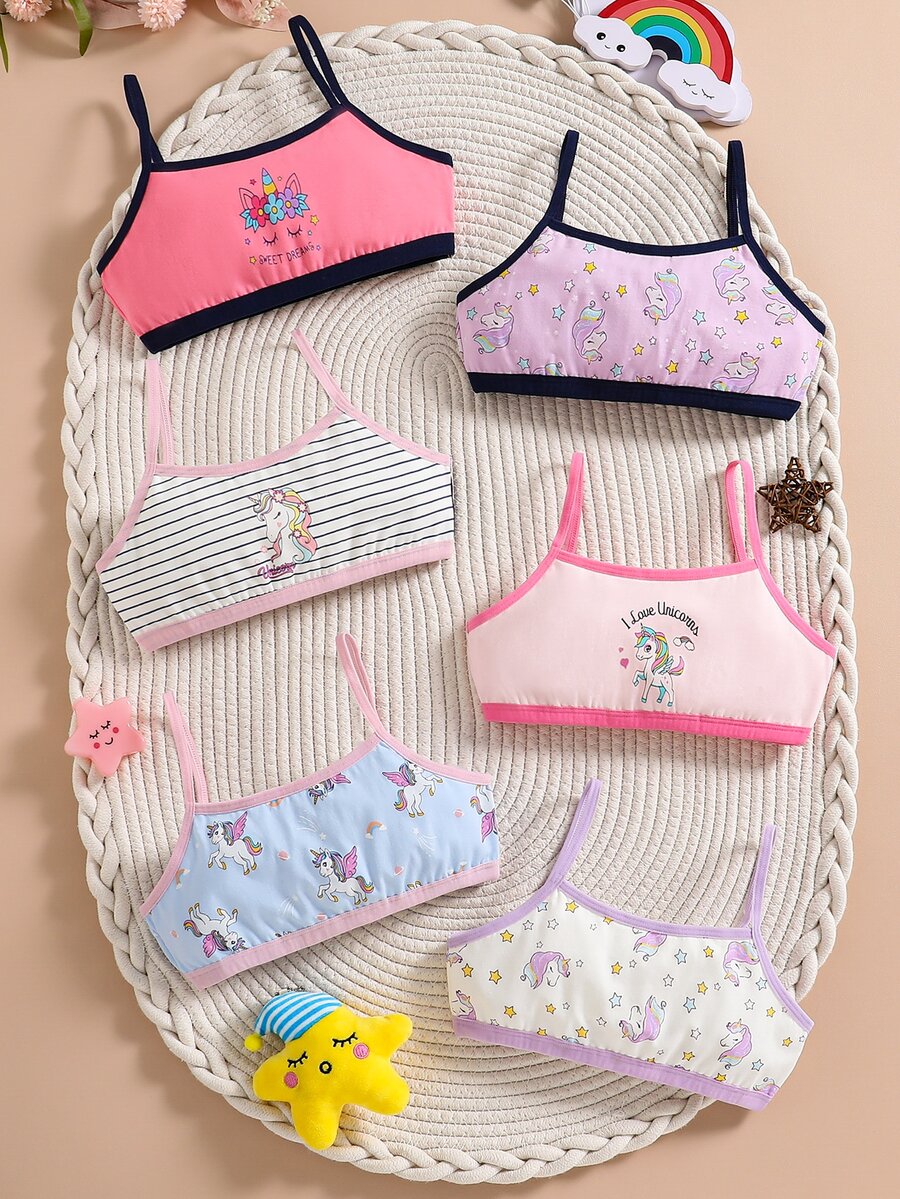 Young Girl 6pcs Cute Cartoon Unicorn Print Cotton Camisole Bralette Wire-Free Comfortable Soft Training Bras Set