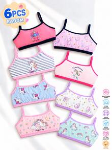 Young Girl 6pcs Cute Cartoon Unicorn Print Cotton Camisole Bralette Wire-Free Comfortable Soft Training Bras Set - Multicolor - View 8