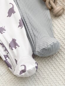 SHEIN Vintaside Kids 2件裝新生兒男嬰休閒針織秋季/冬季睡衣，可愛卡通恐龍圖案，長袖圓領動物印花拉鍊款 - 灰色 - 查看 5