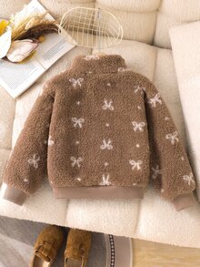 1pc Girls' Fresh Sweet Cool Style, Plush Fabric With White Bow Print, Stand Collar Zipper Long Sleeve Short Jacket, Ribbed Cuffs And Hem, Thick Texture, Simple Loose Outerwear, Suitable For Daily Outings, Holiday Trips, Fresh Atmosphere, Winter Wear - Brown - View 2