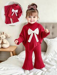 SHEIN 2pcs Toddler Girl Top Flared Pants Cute Sweet Red White Big Bow Lettuce Trim Ribbed Long Sleeve Mock Neck Regular Party Autumn Christmas Pullover Knit - Red - View 1