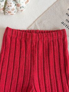 SHEIN 2pcs Toddler Girl Top Flared Pants Cute Sweet Red White Big Bow Lettuce Trim Ribbed Long Sleeve Mock Neck Regular Party Autumn Christmas Pullover Knit - Red - View 4