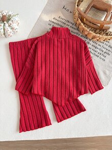 SHEIN 2pcs Toddler Girl Top Flared Pants Cute Sweet Red White Big Bow Lettuce Trim Ribbed Long Sleeve Mock Neck Regular Party Autumn Christmas Pullover Knit - Red - View 2