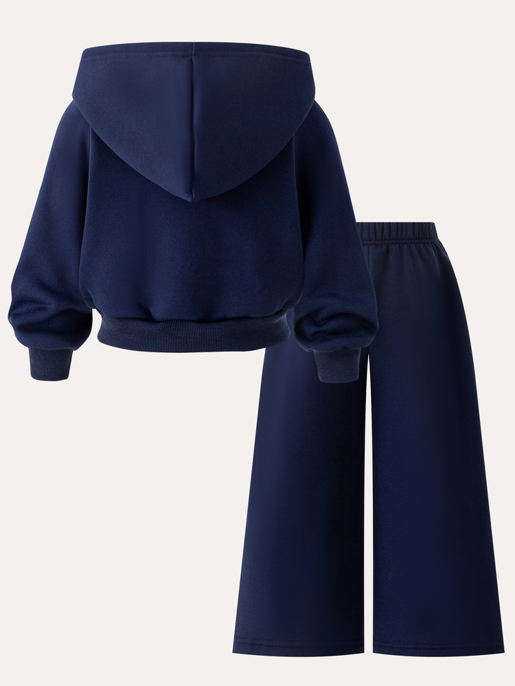 SHEIN Young Girls Fall 2 Pieces Outfit. Soft Knit Hooded Zip Jacket Pairs With Loose Wide Leg Pants. Navy Blue, Outdoor Trips & Gatherings. - Navy Blue - View 2