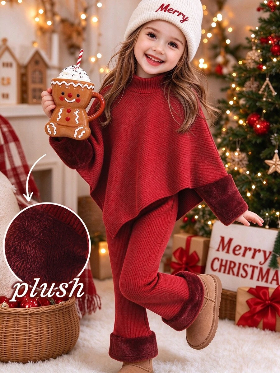 SHEIN Girls 2 Piece Outfit High Neck Irregular Hem Top Furry Cuff Matching Flared Pants Red Ribbed Plush Trim Set Cute Winter Holiday Outfit For Christmas - Red - View 1
