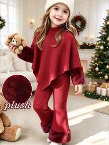 SHEIN Girls 2 Piece Outfit High Neck Irregular Hem Top Furry Cuff Matching Flared Pants Red Ribbed Plush Trim Set Cute Winter Holiday Outfit For Christmas - Red - View 3