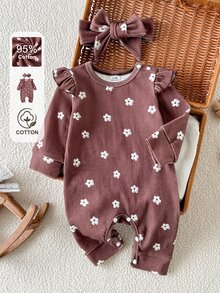 SHEIN Infant Girl Fall Knitted Digital Print Brown Floral Jumpsuit, Cotton Blend Fabric, Matching Headband,T Cute Romance Style, Family Matching - Brown - View 9