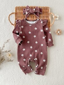 SHEIN Infant Girl Fall Knitted Digital Print Brown Floral Jumpsuit, Cotton Blend Fabric, Matching Headband,T Cute Romance Style, Family Matching - Brown - View 8