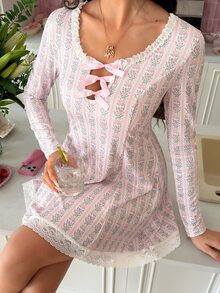 SweetSlumber Women's Floral Print Bow Decor Long Sleeve Fashion Nightgown - Multicolor - View 2