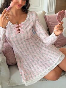 SweetSlumber Women's Floral Print Bow Decor Long Sleeve Fashion Nightgown - Multicolor - View 1