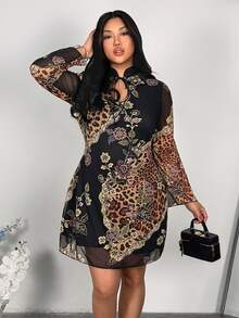 Firerie Plus Size Women Elegant New Chinese Style Stand Collar Flare Sleeve Printed Mini Dress Elegant Dress For Women Fall/Winter New Year Dress For Women - Multicolor - View 5