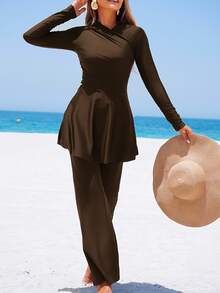 SHEIN Swim 2pcs Solid Color Loose Pants And A-Line Long Sleeve Dress Set, Conservative Full Coverage Modest Swimwear For Women For Summer Beach Vacation Brown - Coffee Brown - View 5