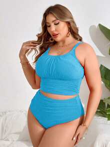 SHEIN Swim Curve 大码女式夏季沙滩纯色褶皱吊带背心式上衣和三角吊带式下装泳衣套装两件套，女士沙滩休闲两件套，夏季两件套，Zestiva泳装两件套，Yummy Control泳衣，Zumba服装，大码女式斑马纹泳衣 - 藍色 - 查看 4