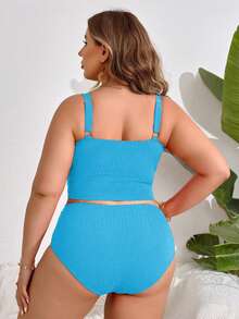 SHEIN Swim Curve 大码女式夏季沙滩纯色褶皱吊带背心式上衣和三角吊带式下装泳衣套装两件套，女士沙滩休闲两件套，夏季两件套，Zestiva泳装两件套，Yummy Control泳衣，Zumba服装，大码女式斑马纹泳衣 - 藍色 - 查看 2