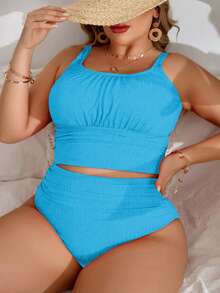 SHEIN Swim Curve 大码女式夏季沙滩纯色褶皱吊带背心式上衣和三角吊带式下装泳衣套装两件套，女士沙滩休闲两件套，夏季两件套，Zestiva泳装两件套，Yummy Control泳衣，Zumba服装，大码女式斑马纹泳衣 - 藍色 - 查看 1