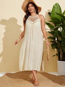 Swim Vcay Plus Size Women Solid Color Crocheted Halter Neck Hollow Out Sexy Fitted Beach Cover Up Dress For Summer Beach Vacation - Apricot - View 7